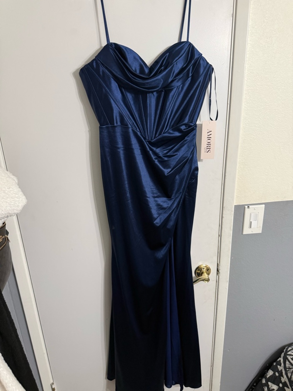 Amores Satin Cowl Neck Navy Prom Gown